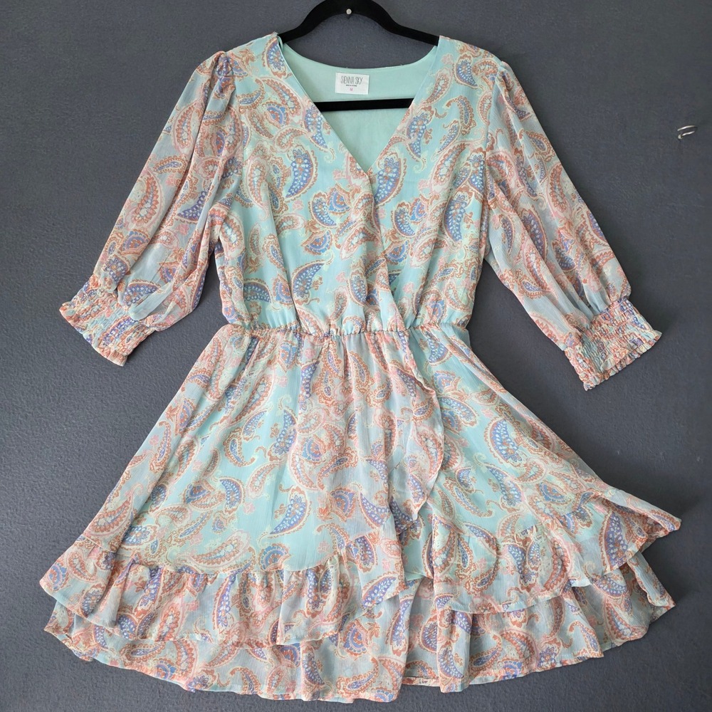 Sienna Sky Paisley Faux Wrap Dress Womens Size M Light Teal Peach Ruffle‎ Sleeve